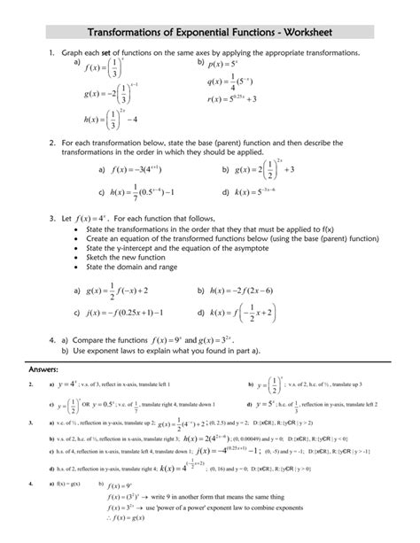 transformations of exponential functions worksheet answers